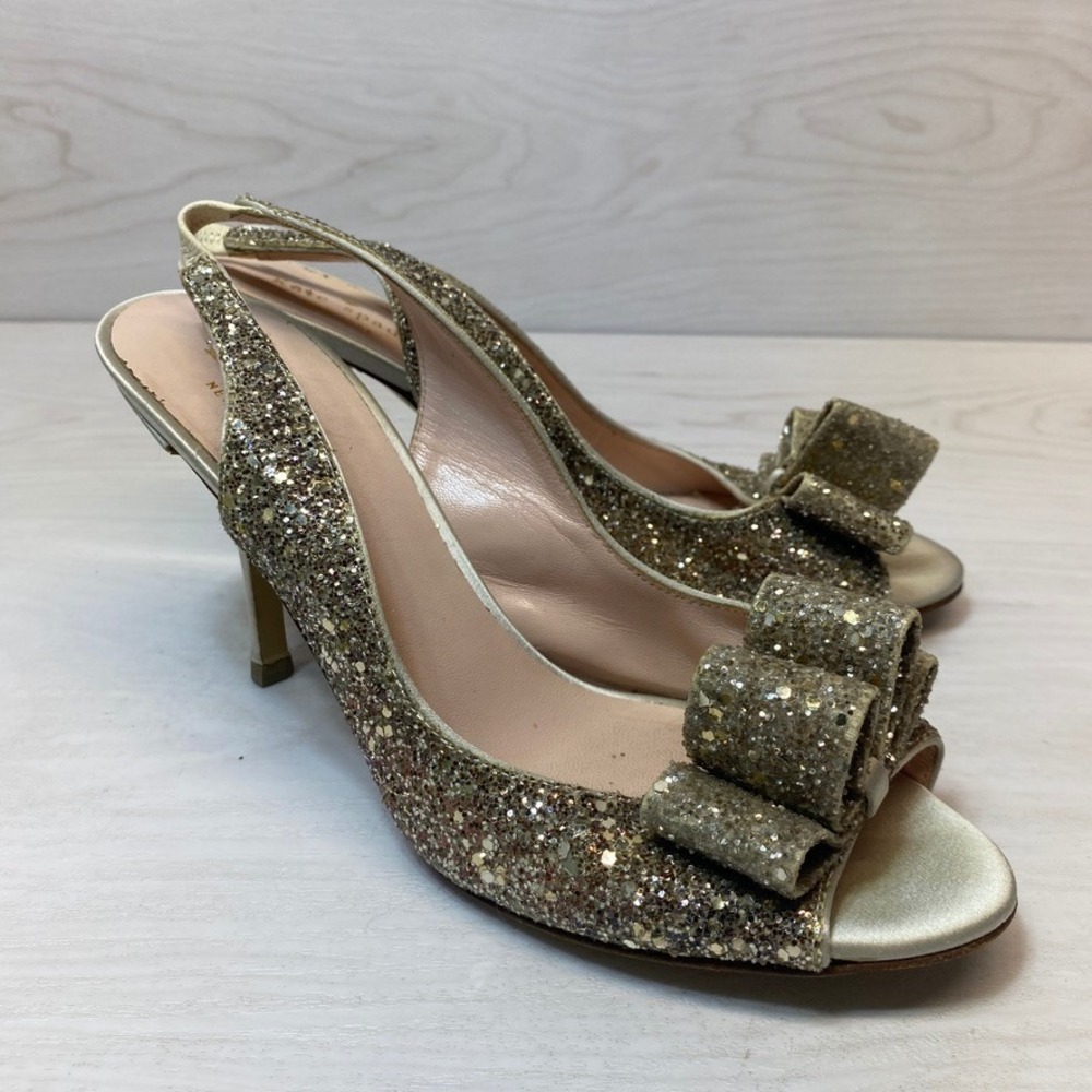 Kate Spade Womens 8.5 B Slingback Heels‎ Glitter Bow Peep Toe Gold Leather Italy